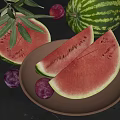 Fresh Watermelon Slices Plums And Olive Branch On A Plate With Whole Watermelon