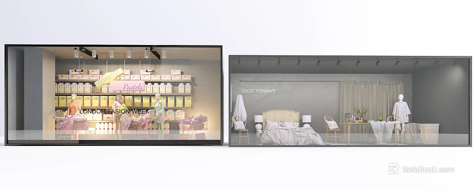Fashion and Bedroom Shop Window Display With Clothing Shelves Pink Yellow Boxes Bed And Furniture 3d model 