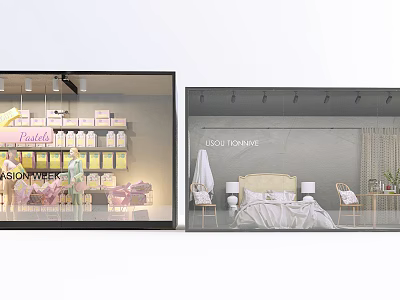 Fashion and Bedroom Shop Window Display With Clothing Shelves Pink Yellow Boxes Bed And Furniture 3d model