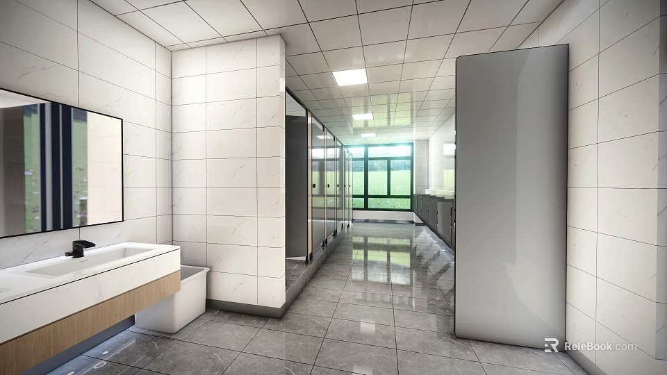 Clean Public Restroom Interior With Modern Tile Walls And Partition Stalls 3d model 