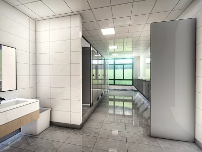 Clean Public Restroom Interior With Modern Tile Walls And Partition Stalls 3d model