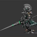 Detailed Armored Fantasy Character With Green Glowing Spear And Mechanical Armor