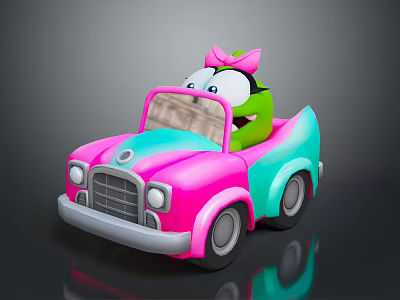 Green Cartoon Character With Pink Bow Riding In Colorful Convertible Toy Car 3d model