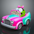 Green Cartoon Character With Pink Bow Riding In Colorful Convertible Toy Car