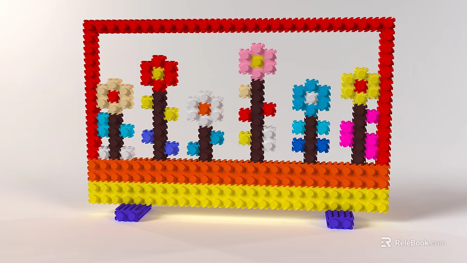Decorative Ornament Set with Lego Bricks Red Frame Yellow Base and Colorful Flowers 3d model 