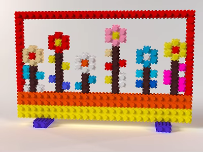 Decorative Ornament Set with Lego Bricks Red Frame Yellow Base and Colorful Flowers 3d model