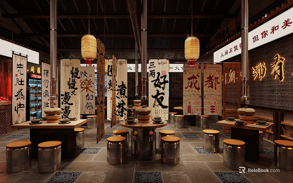 Traditional Chinese Hotpot Restaurant Interior With Lanterns Calligraphy Banners And Wooden Dining Tables 3d model 
