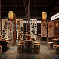 Traditional Chinese Hotpot Restaurant Interior With Lanterns Calligraphy Banners And Wooden Dining Tables