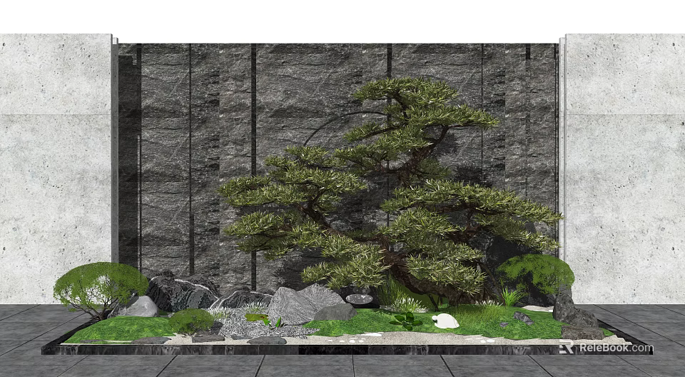 Natural Stone Feature Wall With Pine Tree Green Plants And Rocks In Outdoor Landscape Design 3d model 