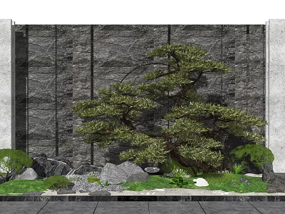Natural Stone Feature Wall With Pine Tree Green Plants And Rocks In Outdoor Landscape Design 3d model