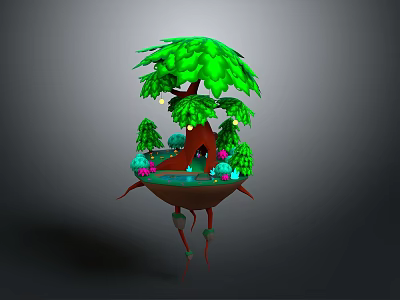 Floating Island Scene With Large Green Tree Glowing Lights And Colorful Plants 3d model