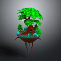 Floating Island Scene With Large Green Tree Glowing Lights And Colorful Plants