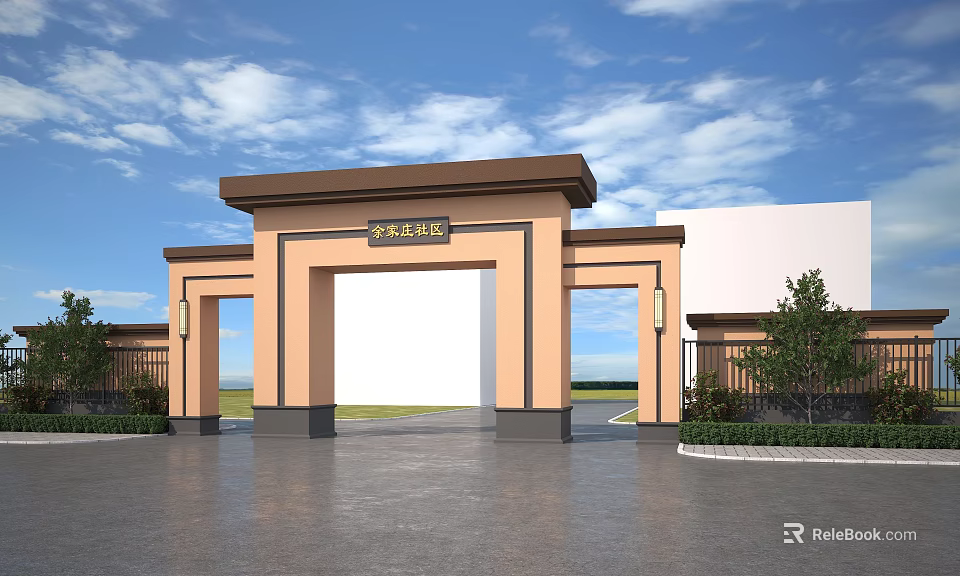 Traditional Community Entrance Gate Featuring Archway Eaves Pillars Green Plants Blue Sky And Clouds 3d model 