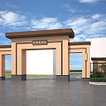 Traditional Community Entrance Gate Featuring Archway Eaves Pillars Green Plants Blue Sky And Clouds