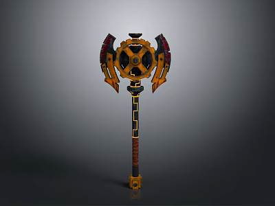3D Mechanical Weapon Hammer Featuring Orange Black Gear Design And Long Handle 3d model