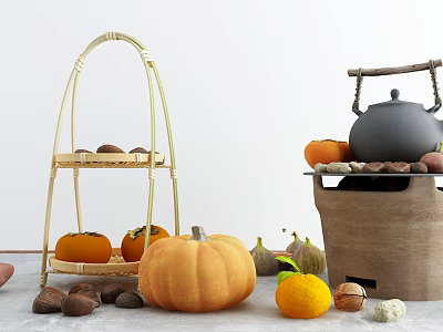 Fresh Persimmons Oranges Figs And Pumpkin With Bamboo Rack And Clay Stove 3d model