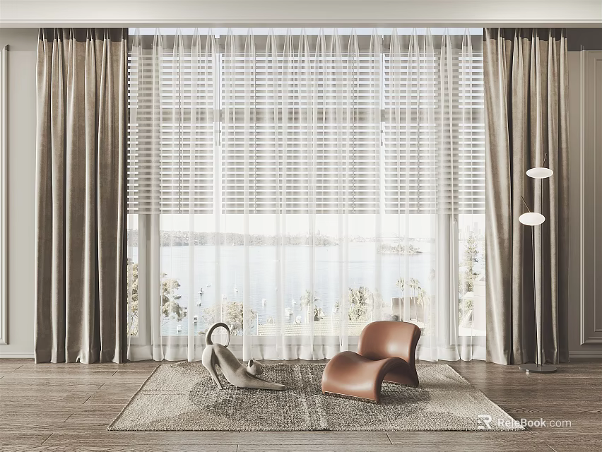 Elegant Living Room Curtains With Sheer And Heavy Panels Floor Lamp Chairs And Rug 3d model 