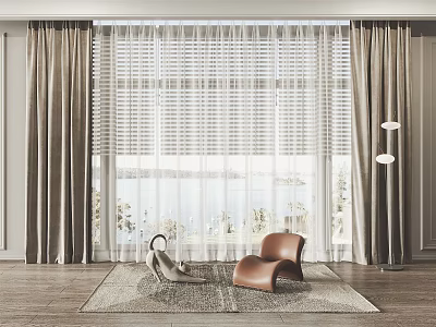 Elegant Living Room Curtains With Sheer And Heavy Panels Floor Lamp Chairs And Rug 3d model
