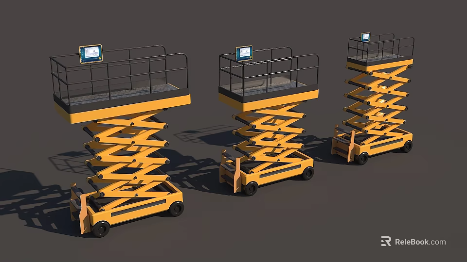 Three Yellow Scissor Lift Platforms With Guardrails And Display Screens 3d model 