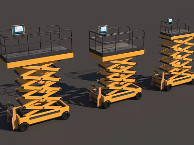Three Yellow Scissor Lift Platforms With Guardrails And Display Screens 3d model