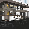 Modern Outdoor Cafe With Glass Windows Umbrella Seating Bar Counter And Wooden Stools