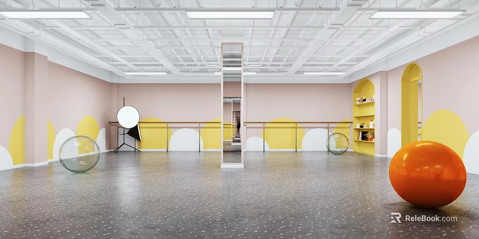 Bright Fitness Dance Studio With Barre Mirrors Exercise Balls Colorful Walls And Speckled Floor 3d model 