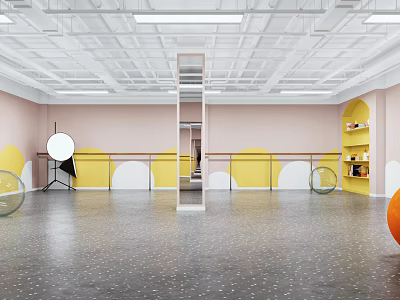 Bright Fitness Dance Studio With Barre Mirrors Exercise Balls Colorful Walls And Speckled Floor 3d model