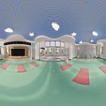 Vibrant Fitness Studio With Green Floor Pink Yoga Mats Blue Striped Ceiling And Exercise Balls