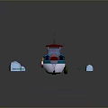 Small Boat With Red Roof And Flags Sailing On Water Surface With Lily Pads And Stones