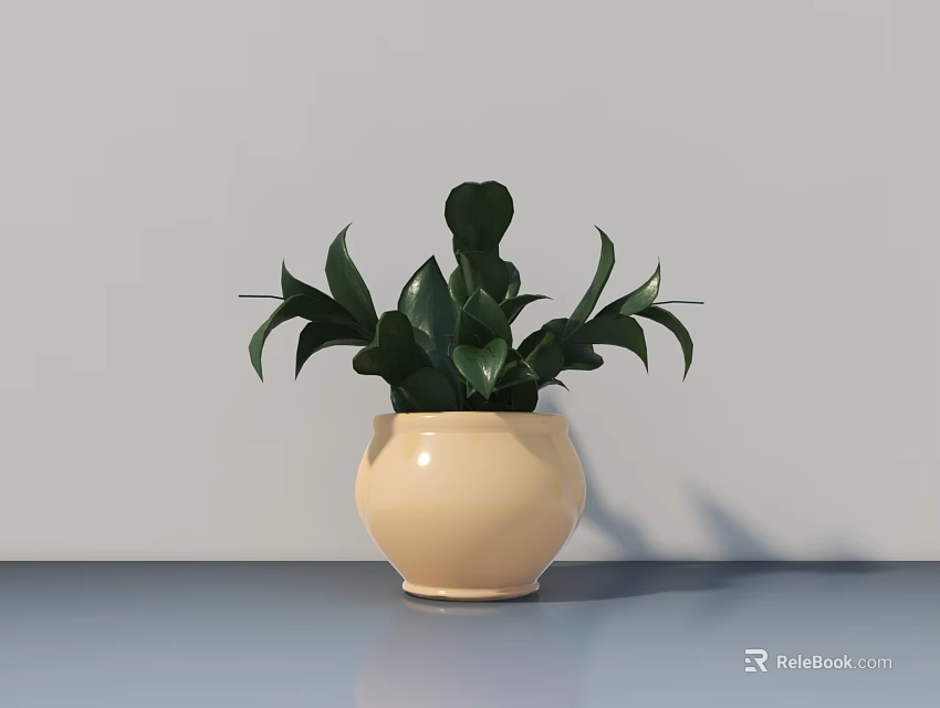 Bonsai Potted Plant With Lush Green Leaves In Beige Rounded Pot On Gray Surface 3d model 