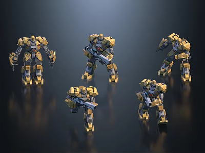 Five Yellow And Black Mecha Game Movie Characters In Various Poses Holding Weapons 3d model