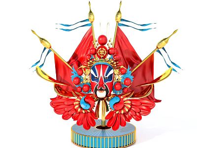 Traditional Chinese Style Ornament Decoration Set With Peking Opera Mask Red Feathers And Gold Flags 3d model