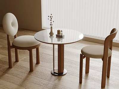 Modern Negotiation Round Table with Chairs Wooden Frame Beige Cushions Decorative Vase and Minimalist Design 3d model