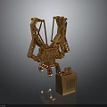 Shiny Golden Mechanical Robot Character With Insect Inspired Design And Square Base