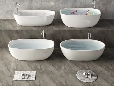 White Oval Freestanding Bathtubs with Flower Petals on Gray Marble Surface Slippers and Bath Mat 3d model