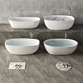 White Oval Freestanding Bathtubs with Flower Petals on Gray Marble Surface Slippers and Bath Mat