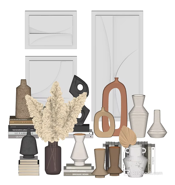 Stylish Ornamental Decor Set With Vases Pampas Grass Books And Geometric Accents For Home Styling 3d model 