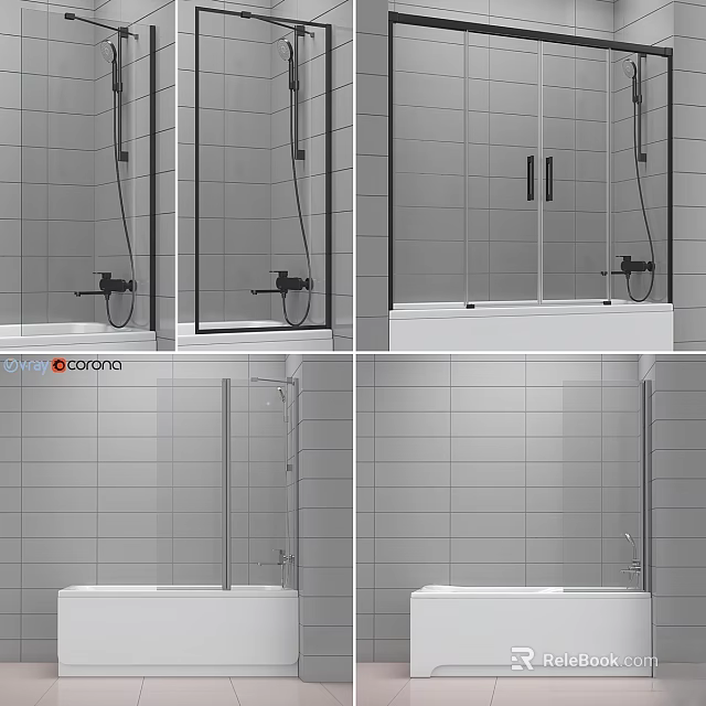 Modern Style Bathroom Bathtub With Tiled Walls Glass Doors And Shower Fixtures 3d model 