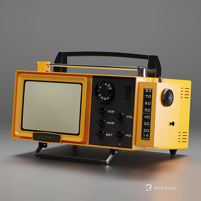 Sony Portable Television with Yellow Exterior Black Control Panel and Handle Design on Stand 3d model 