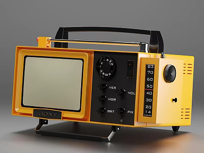Sony Portable Television with Yellow Exterior Black Control Panel and Handle Design on Stand 3d model