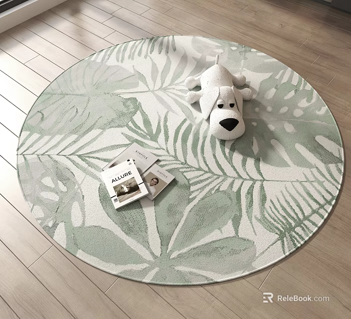 Round Green Leaf Pattern Rug with Plush Dog Toy and Books on Wooden Floor 3d model 