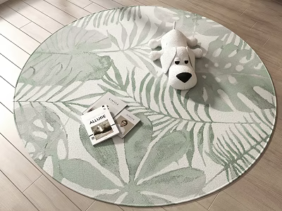 Round Green Leaf Pattern Rug with Plush Dog Toy and Books on Wooden Floor 3d model