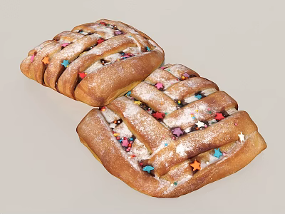 Two Braided Pastries Topped With Colorful Sprinkles And Powdered Sugar 3d model