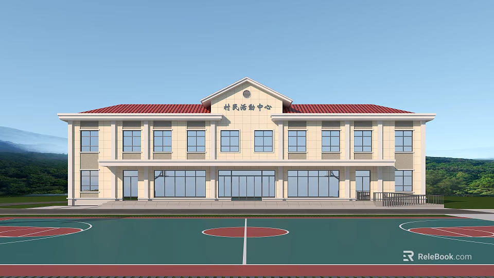 Village Activity Center with Red Roof Yellow Walls Multiple Windows and Front Basketball Court 3d model 