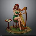 Red Haired Woman Statue In Green Dress Playing Harp On Stool With Table Apple And Book