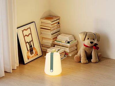 Decorative Ornament Set with Stuffed Dog Stack of Books Picture Frame and Table Lamp 3d model