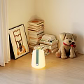 Decorative Ornament Set with Stuffed Dog Stack of Books Picture Frame and Table Lamp