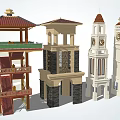 Diverse Tower Architectural Styles Featuring Clock Tower And Traditional Design Elements 3d model