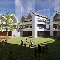 White Modern School Building Exterior With Balconies Grassland Water Trees And Blue Sky
