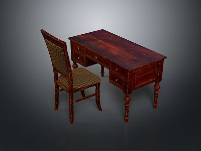 Vintage Wooden Desk With Storage Drawers And Matching Woven Seat Chair 3d model